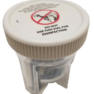 Disinfection vial with warning label for safe handling and hygiene.